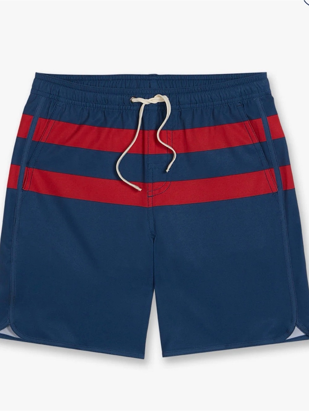 Fair Harbor Boys Navy & Red Striped Swim Shorts